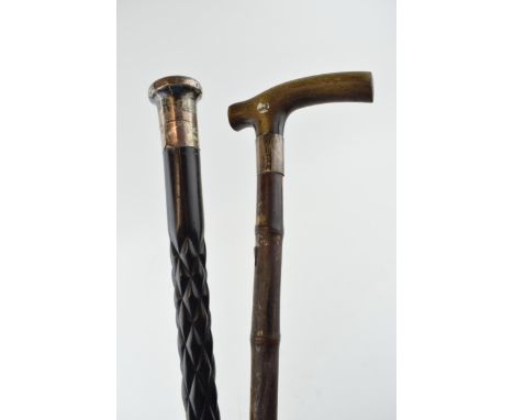 A silver tipped ebonised cane, C&amp;Co London together with a bamboo cane with horn handle and silver and. Length 86cm.