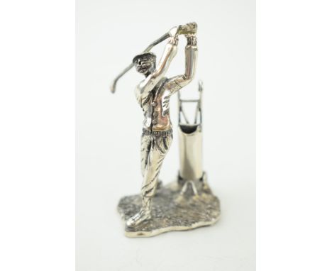 Miniature silver figure of a golfer, with golf bag, 32.6g, 6cm tall, marks to underside of base.