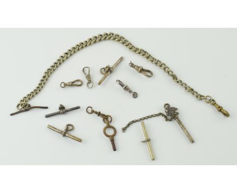 A collection of albert chain / watch chain items to include silver T bars and plated examples, with clasps and a plated part 