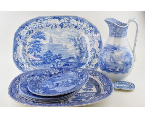 A collection of blue and white transfer ware to include a Cork, Edge and Malkin 'Missouri' large jug, 30cm tall, with a colle