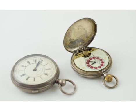 Silver pocket watches to include a full hunter pocket watch, Herdomas Patent, enamel dial, with a 'Centre Seconds Chronograph