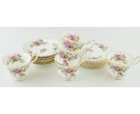 Royal Albert Moss Rose tea ware to include 5 cups, 6 saucers and 6 side plates (17).  In good condition with no obvious damag