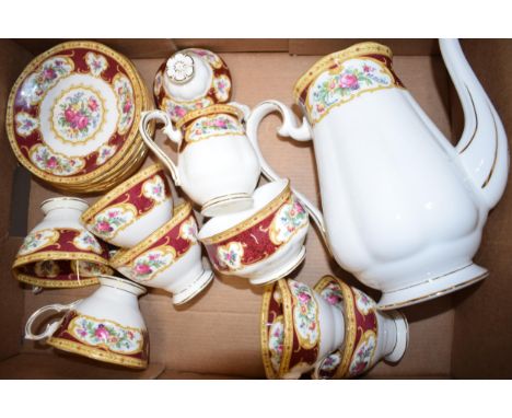 Royal Albert coffee set in the Lady Hamilton pattern to include a coffee pot, six cups, six saucers, 6 side plates, a sugar b