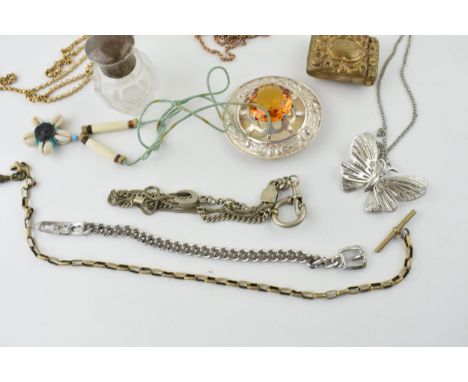 Jewellery to include a silver topped glass jar, a gold plated longuard chain, a brass vesta case, a a large plaid brooch and 