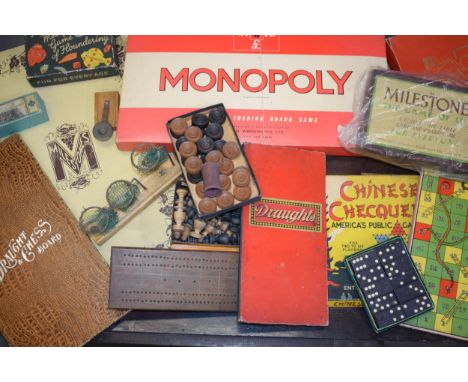 Vintage toys and board games to include Milestones, Monopoly, Chinese Chequers, Draughts and others (Qty).  Unchecked for com