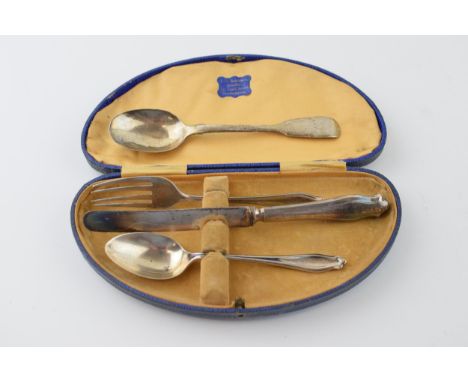 Cased silver Christening set to include a spoon, knife (silver handled) and fork, with another silver spoon, 57.2g of weighab