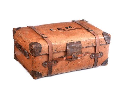 VINTAGE LEATHER TRAVEL TRUNK WITH LEATHER STRAPS & HANDLES TO EITHER SIDE. HEIGHT: 12 INCHES.WIDTH: 30 INCHES.DIAMETER: 17 IN