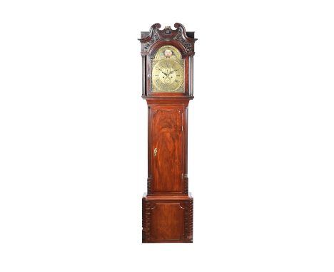 NINETEENTH CENTURY MAHOGANY LONGCASE CLOCK WITH BRASS MOON ROLLER DIAL OF 18 X 12 INCHES. LAWSON NEWTOWN. INSCRIBED "THE MOON