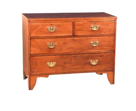GEORGIAN MAHOGANY TWO OVER TWO CHEST OF DRAWERS WITH BRASS DROP HANDLES.RAISED ON BRACKET FEET.HEIGHT: 33 INCHES.WIDTH: 42 IN