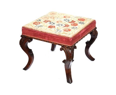WILLIAM IV ROSEWOOD STOOL WITH TAPESTRY SEAT.RAISED ON FOUR CARVED SPLAYED LEGS.HEIGHT: 17 INCHES.WIDTH: 20 INCHES.DEPTH: 20 