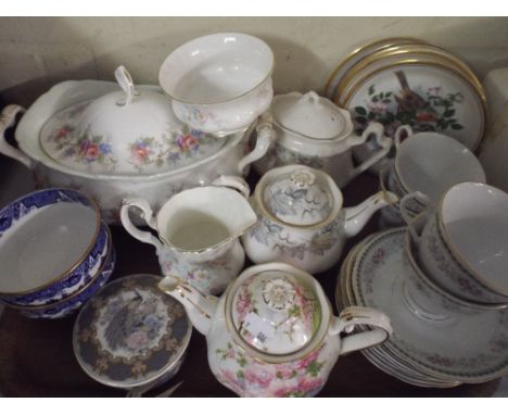 A Tray of China to Include Decorated Teapots, Royal Albert Tureen, Worcester Willow Pattern Bowls Etc. 