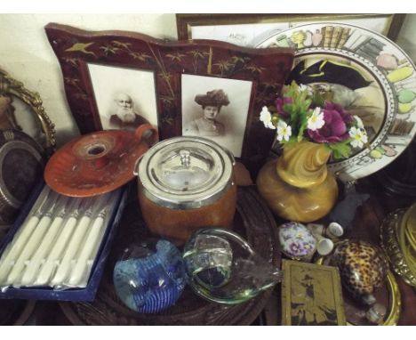 A Tray of Sundries to Include Lacquered Oriental Photo Frame, Carved Wooden Bowl, Tea Caddy, Playing Cards Etc. 