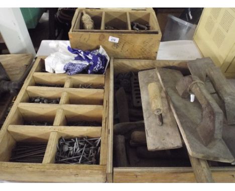 Three Wooden Boxes Containing Tools Nuts Nails Etc. 