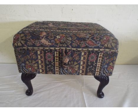 A Tapestry Upholstered Sewing Box with Lift Top to Fitted Interior on Short Cabriole Legs.   