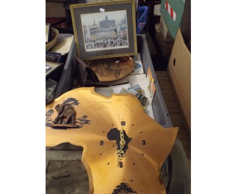 A Collection of Printed Ephemera Including Greeting Cards, Postcards, Pictures and Prints Also A Copper Africa Clock and Plaq