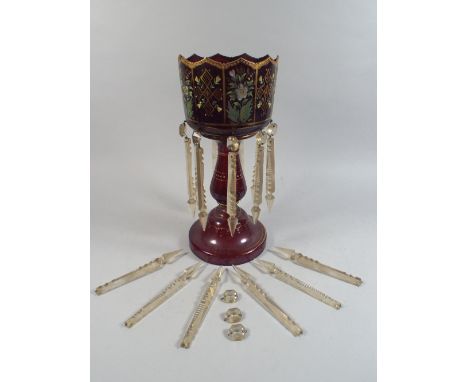 A Late 19th Century Ruby Glass Lustre with Gilt and Painted Floral Highlights. 