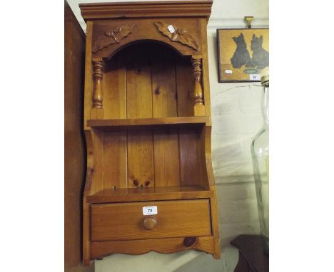 A Pine Wall Hanging Shelf with Base Drawer. 