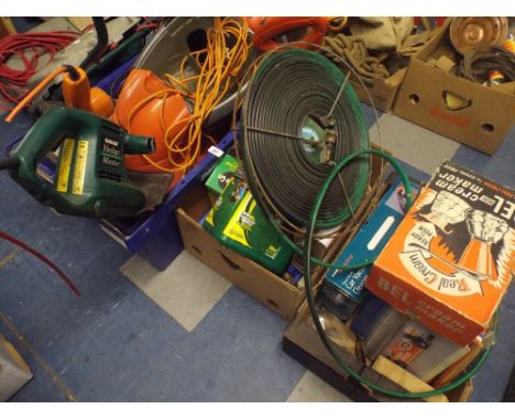 Three Boxes of Garden Tools and Accessories, Hose Pipe Strimmers Etc.  