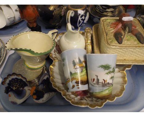 A Tray Containing Lobster Butter Dish, Russian Bird Ornaments, Art Deco Jug, Royal Worcester Jug Etc. 