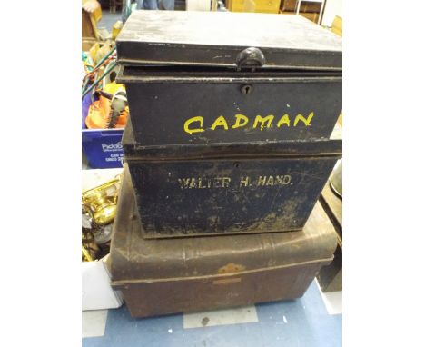 A Tin Travelling Trunk and Two Metal Deed Boxes. 