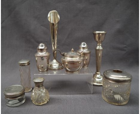 An Elizabeth II silver mustard pot, with matching salt and pepperette, Birmingham, 1974 together with silver topped dressing 