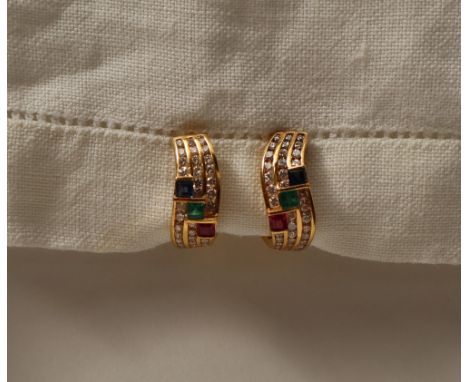 A pair of diamond, princess cut ruby, emerald and sapphire set earrings, to a yellow metal hinged setting and post, overall a