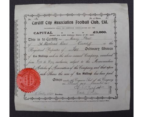 Cardiff City Association Football Club, Ltd an original 1910 share certificate with seal and original signatures including W 