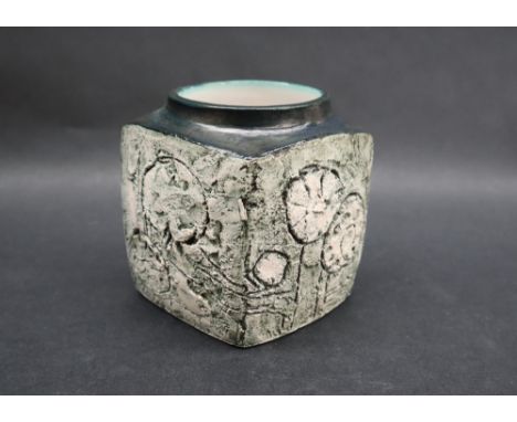 A Troika pottery vase of square form with a light green ground colour and incised geometric patterns, signed to the base, 9cm