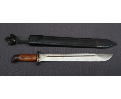 A short sword, with a fullered blade and wooden crosshatched handle with a leather scabbard, 48cm long overall