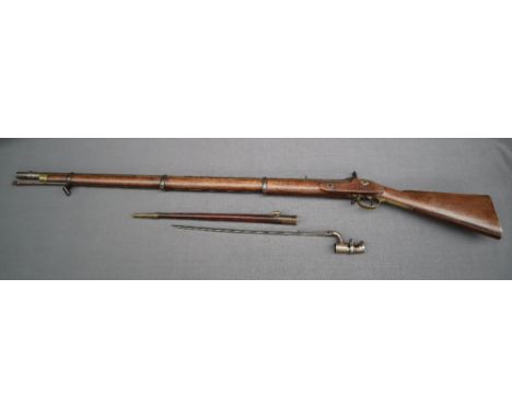 An Enfield Three Band Percussion Musket,  the 99cm round steel barrel with dog kennel fore sight and V rear sight, the lock p