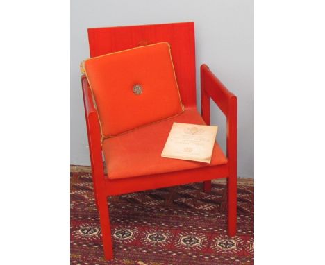 A Prince of Wales Investiture Chair, The Earl of Snowden and Carl Toms, a red painted beech and laminate elbow chair produced