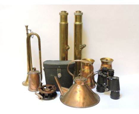 Two Watson & Co. brass gun sight telescopes, a brass bugle, four copper items, fishing reel and binoculars