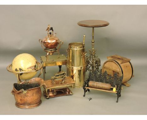 A brass footman, a table globe, kettle on stand, copper warming tray, butter churn, tripod table, miniature bench