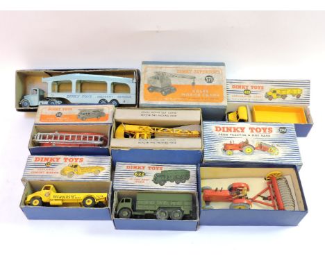 Dinky toys, farm tractor and hay rake 27AK, articulated lorry, 409, Leyland cement wagon 533, 10 ton army truck, 622 fire eng