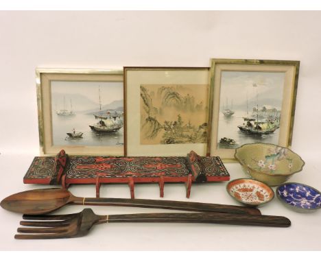 A cloisonne bowl, two saucers, a small quantity of decorative oriental pictures, a large carved wooden knife and fork, etc.