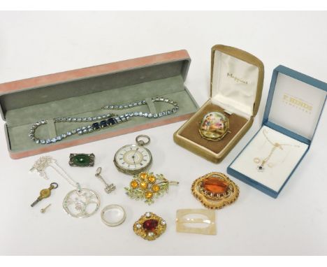 A collection of costume jewellery, to include a gold sapphire and cubic zirconia cluster pendant, marked 375, a silver half e