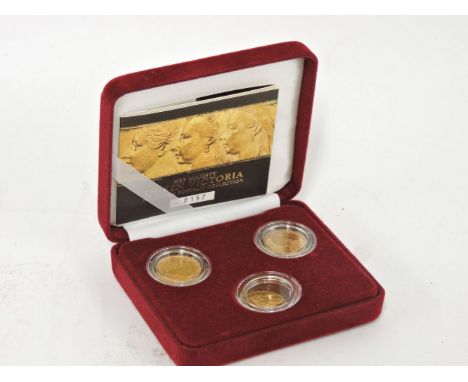 Three Victorian sovereigns 1884, 1891, 1897, boxed, Her Majesty Queen Victorian sovereign portrait collection, no. 0157
