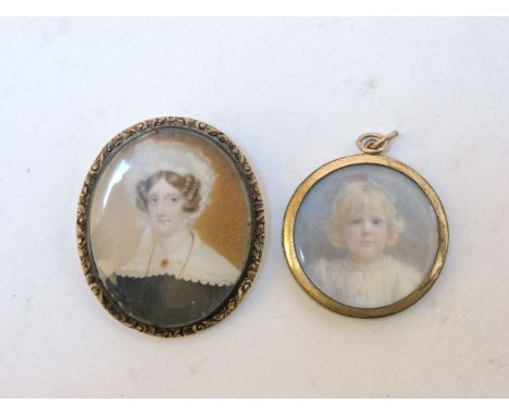 A 19th century portrait miniature, on ivory of a young woman, her hair in tight curls beneath a white bonnet, and an early 20