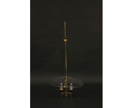 An Italian brass three-light hanging electrolier,with a glass umbrella shade