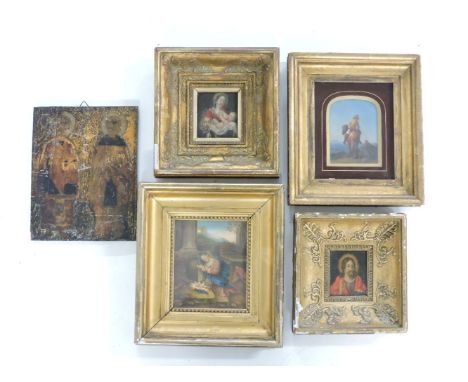 Four small paintings on panel, comprising Jesus, the Virgin Mary, man on horseback, and an icon with two figures, largest 20 