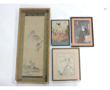 A framed Chinese scroll painting, 91cm high,  and 3 Japanese woodblock prints