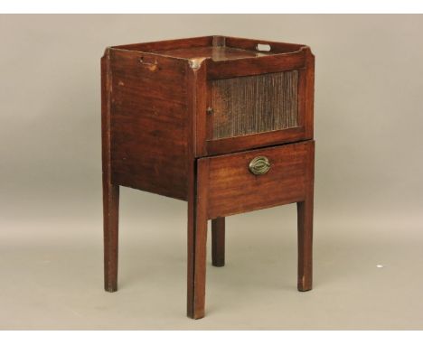A George III mahogany tray top commode, with tambour front