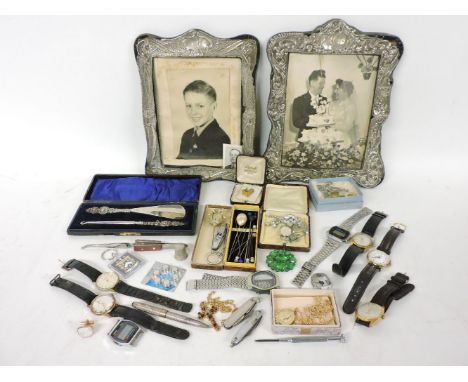 Two silver photo frames, cased, silver handles, button hook and shoe horn, wristwatch, costume jewellery