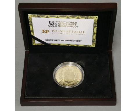 A 9ct gold proof coin, commemorating the First world war centenary, limited edition No 002 of 100, in presentation case, issu