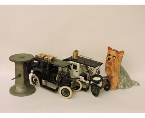 Two Maxi Timer vintage toys, a hand operated car horn and a Beswick Yorkie