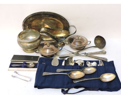 A German silver bowl, soup ladle, cake forks and teaspoons, and silver plated flatware, tureens, sauce boat etc