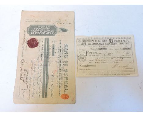 A Bank of Bengal share certificate, dated '6th day of December 1904', and an Empire of India Life Asurance Company Limited re