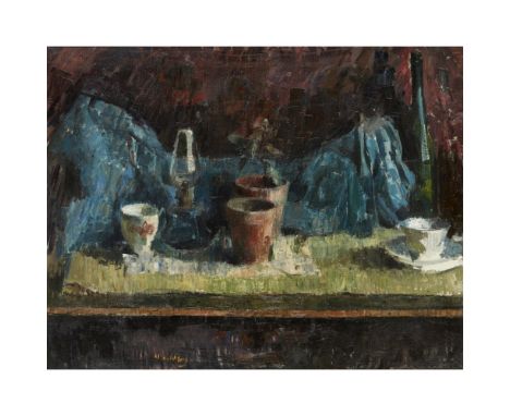 [§] DAVID ABERCROMBIE DONALDSON R.S.A., R.P., L.L.D. (SCOTTISH 1916-1996)  POTS AND LAMP   Signed, oil on canvas  71cm x 91cm