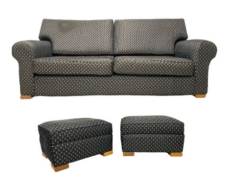 Multi-York - large three-seat sofa upholstered in charcoal and silver fabric; together with two matching storage footstools D