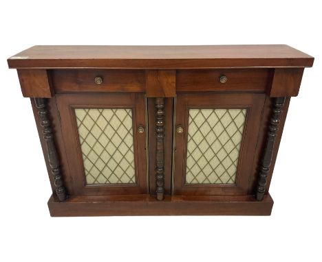 19th century walnut chiffonier or side cabinet, rectangular top over two drawers and two cupboards, enclosed by brass grille 